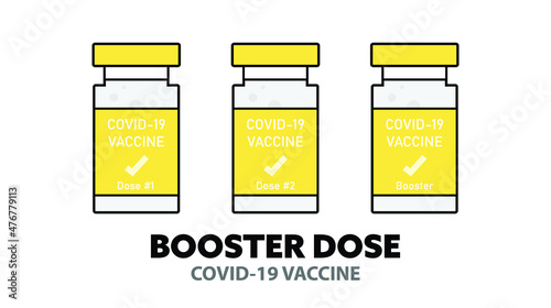 Vector for COVID-19 Booster shot with message Booster Dose, black writing on white background under three vaccine bottles. COVID-19 vaccination, protection, vaccine, 3rd dose.