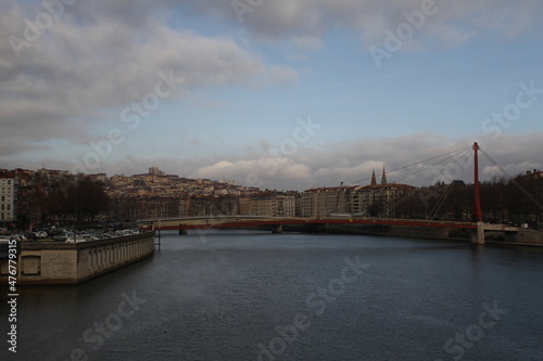 Pedestrian Saint Georges Footbridge in Lyon, France on a beautiful Winter day © jackdreamhd