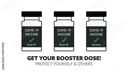 Vector for COVID-19 Booster shot with message protect yourself and others, dark grey writing on white background under three vaccine bottles. COVID-19 vaccination, protection, vaccine, 3rd dose.