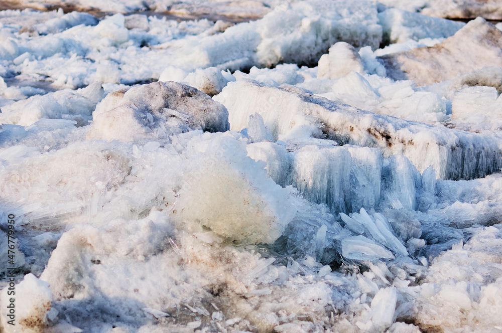 Ice structure of river hummocks in spring. Selective focus.