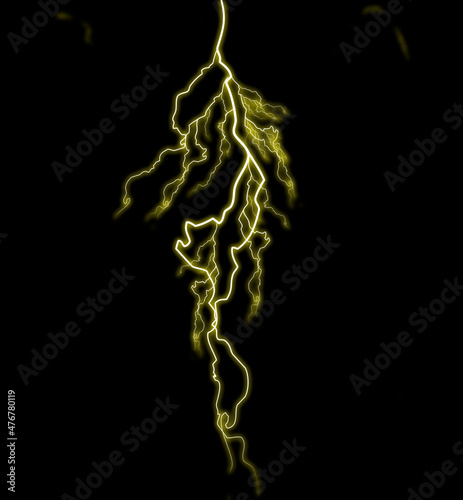 Yellow thunderbolt. Realistic lightning. Electricity thunder light storm flash thunderstorm in cloud. A collage of lightning bolts on a black background.