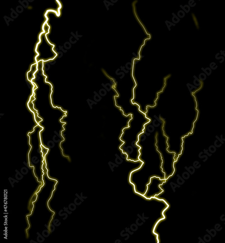 Yellow thunderbolts. Realistic lightnings. Electricity thunder light storm flash thunderstorm in cloud. A collage of lightning bolts on a black background.