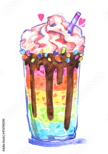 Milkshake rainbow whipped cream chocolate smudges sweet drink dessert watercolor isolated striped childrens cold