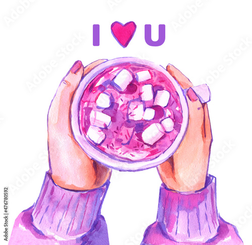 Valentines day cocoa cup hands gift pink heart cozy drink warming watercolor isolated cute love marshmallows