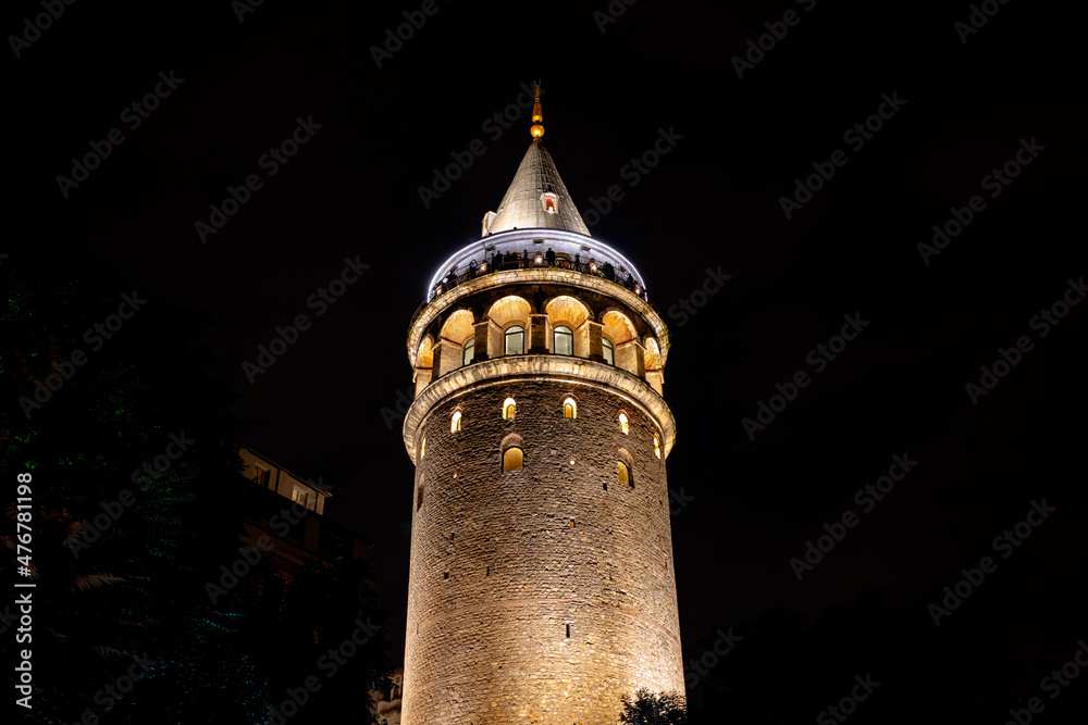 Obraz premium Galata Tower. Galata Tower isolated on black background at night.