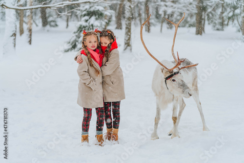 Two sisters in red scarves with deer horns stand next to a deer in a snowy forest. High quality FullHD footage