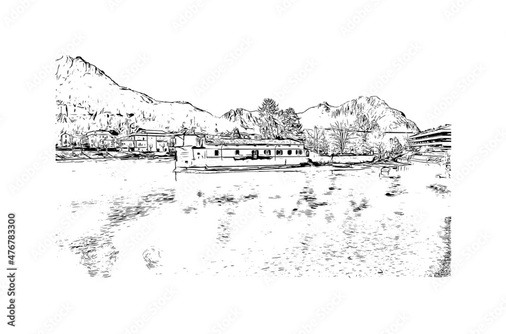 Building view with landmark of Lecco is the 
city in Italy. Hand drawn sketch illustration in vector.