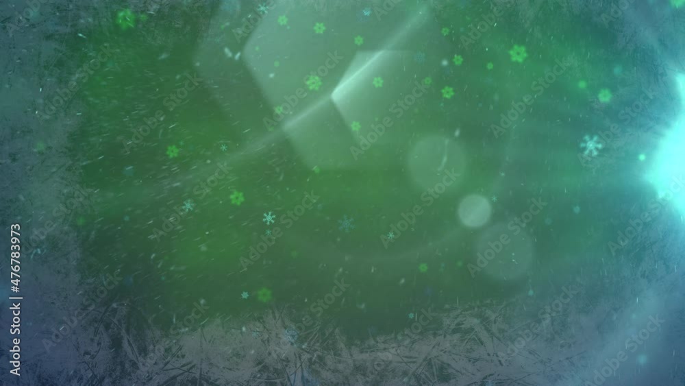 Fly white snowflake and glitters on green background, motion holidays and winter style background for New Year and Merry Christmas Fly white snowflake and glitters on green background, motion holidays and winter style background for New Year and Merry Christmas