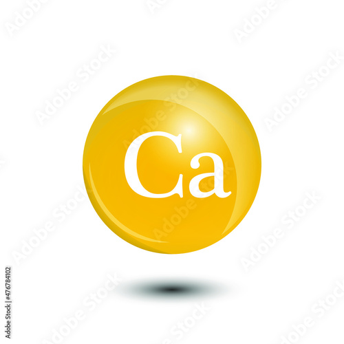 Mineral Ca Calcium yellow shining pill capsule icon. Ca Calcium Vector. Mineral yellow Pill Icon. Vitamin Capsule Pill Icon. Substance For Beauty, Cosmetic, Heath Promo Ads Design. 3D Mineral Complex.