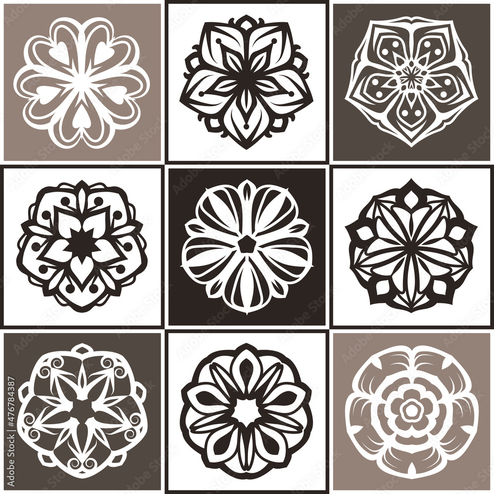 Set of shades of brown mandala isolated on background. Vector decorative round ornaments. Minimal design elements flower shape of snowflake icon for logo, tattoo artwork. Set of shades of brown mandala isolated on background. Vector decorative round ornaments. Minimal design elements flower shape of snowflake icon for logo, tattoo artwork.