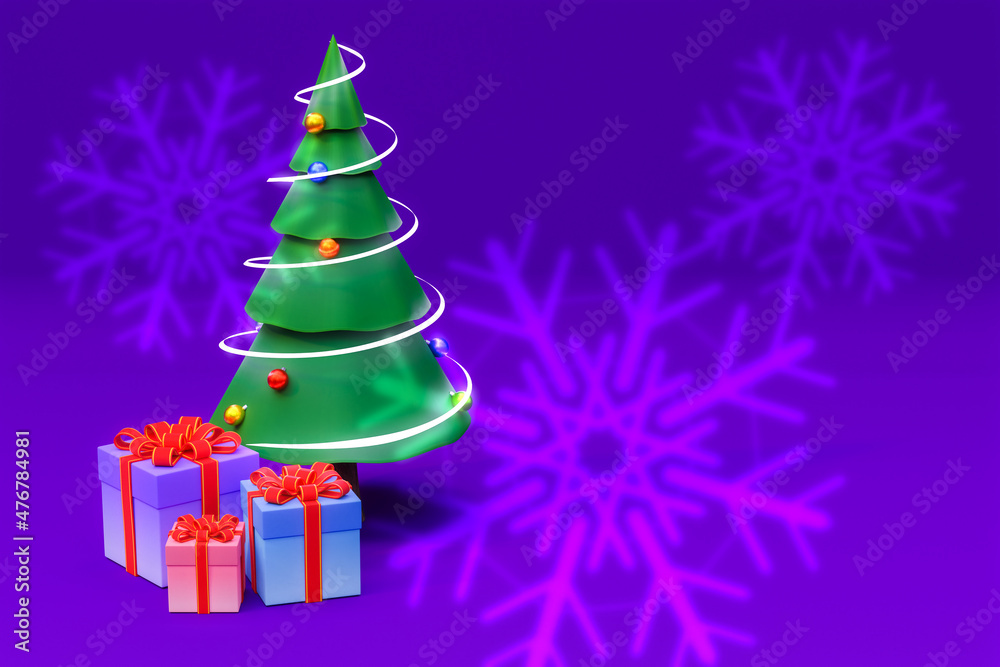 Fototapeta premium A Christmas tree decorated with a light garland and colorful gift boxes underneath against a bright purple background with snowflakes. 3D render.