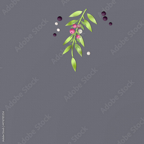 Beautiful Christmas New Year design on pastel grey. Minimalist Xmas festive winter holiday decorations green brunch with red berries. Abstract Xmas ornament template