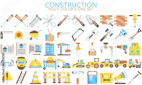 Simple Set of Construction Related Vector multi color Icons set. include shovel, roller, paint and others. Used for modern concepts, web, UI, UX kit and applications. EPS 10 ready to convert to SVG