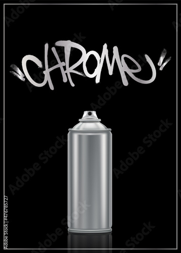 Spray can with chrome paint and an inscription on a black background. Vector illustration