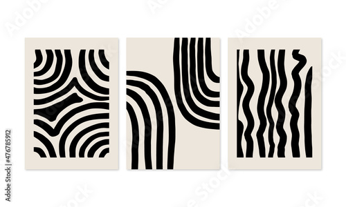 Contemporary art print set. Trendy modern boho minimalist poster with stripes. Vector abstract illustration with geometric shapes