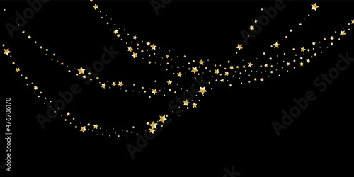 Confetti of shooting golden stars. Golden stars. Festive background, design cards, invitations. Abstract texture on a black background. Design element. Vector illustration, eps 10.