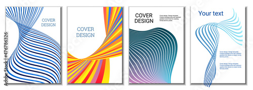 A set of 4 abstract covers. Wavy parallel gradient lines, ribbons evolve. Cover design, background. Trendy banner, poster.