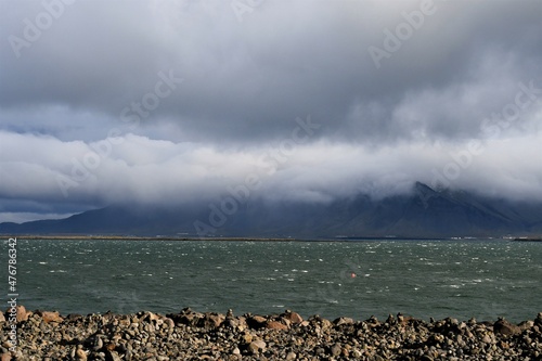 Clouds and fog over mountains in Reykjavik 