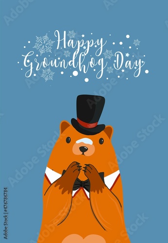 Groundhog day card. The harbinger of spring. Cute marmot character. February 2. Vector illustration with a marmot