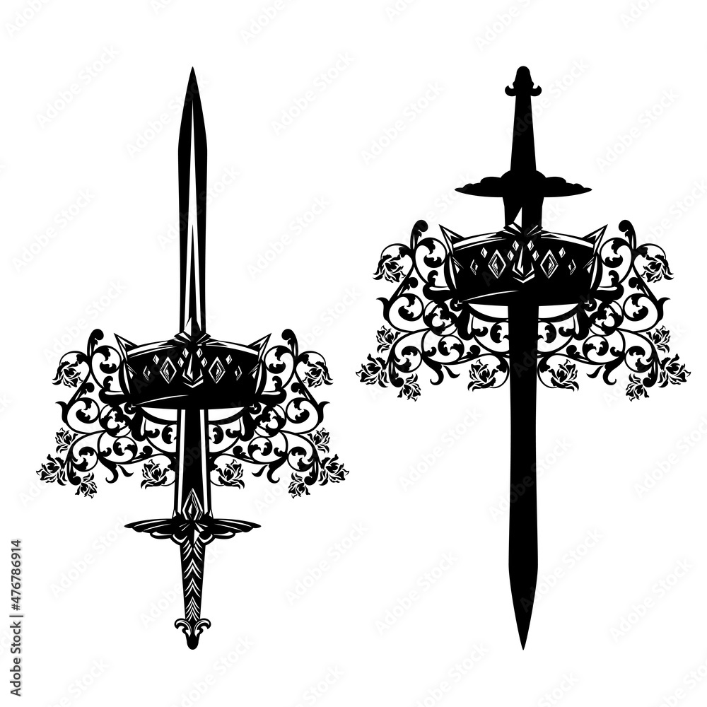 king crown and knight sword among rose flowers - black and white vector ...