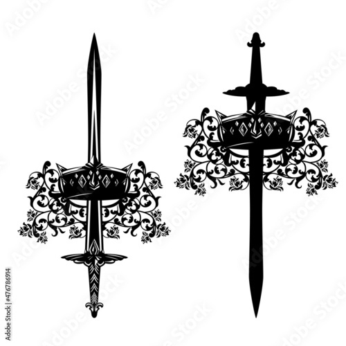 king crown and knight sword among rose flowers - black and white vector coat of arms design for royal security concept