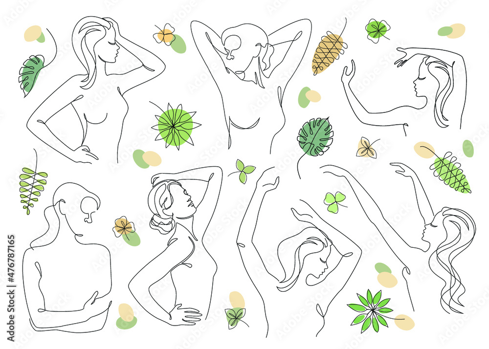 Collection. Silhouettes of the figure of a girl and a leaf of a plant in a modern one-line style. Solid line, aesthetic outline for home decor, posters, stickers, logo. Vector illustration set. Collection. Silhouettes of the figure of a girl and a leaf of a plant in a modern one-line style. Solid line, aesthetic outline for home decor, posters, stickers, logo. Vector illustration set.
