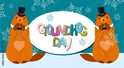 Groundhog day card. The harbinger of spring. Cute marmot character. February 2. Vector illustration with a marmot