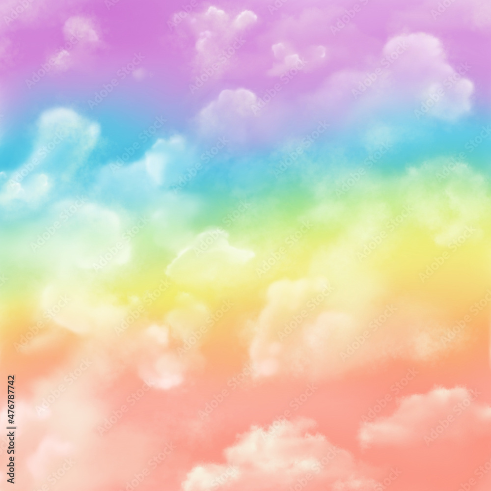 Shiny rainbow pastel color sky with beautiful clouds hand draw illustration