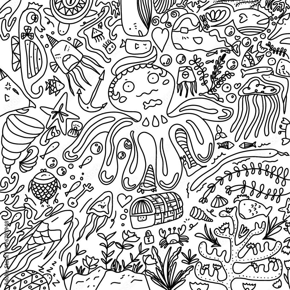 Under the sea in doodle pattern, coloring pages for kids and adults ...