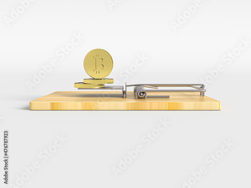 Bitcoin in mousetrap concept in 3D rendered illustration. Money trap, greedy concept. Concept of financial risk management, stock market, money investment, personal loan, debt, fraud. photo