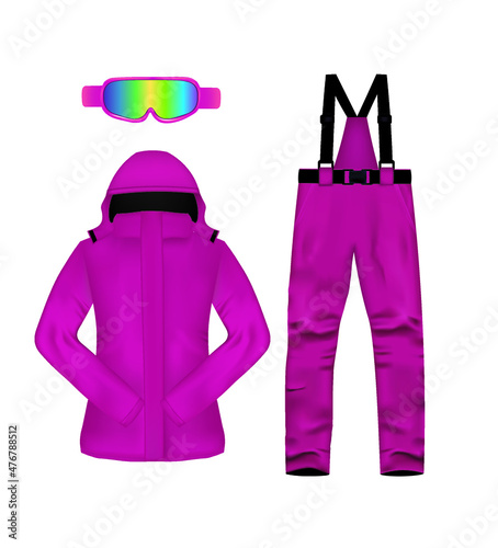 Winter ski jacket, pants and googlies, vector illustration