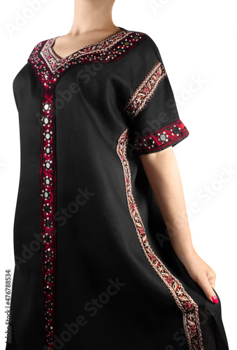 Isolated hippie girl in ethnic embroidery dress, close up © syberianmoon
