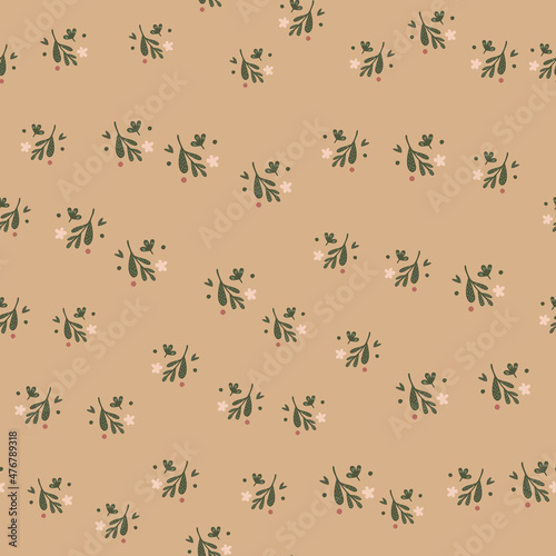 Small flowers and leaf seamless pattern. Floral endless ornament. Simple botanical backdrop.