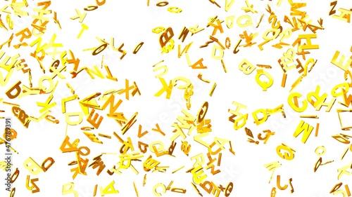 Gold alphabets on white background. 3D abstract illustration for background.