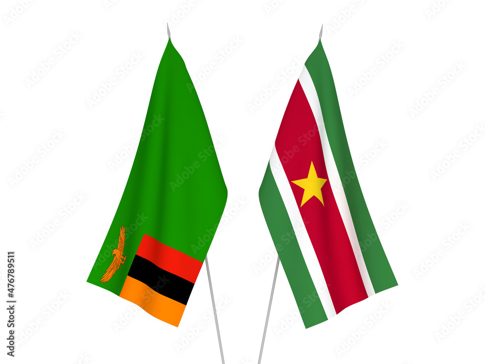 National fabric flags of Republic of Zambia and Republic of Suriname isolated on white background. 3d rendering illustration. National fabric flags of Republic of Zambia and Republic of Suriname isolated on white background. 3d rendering illustration.