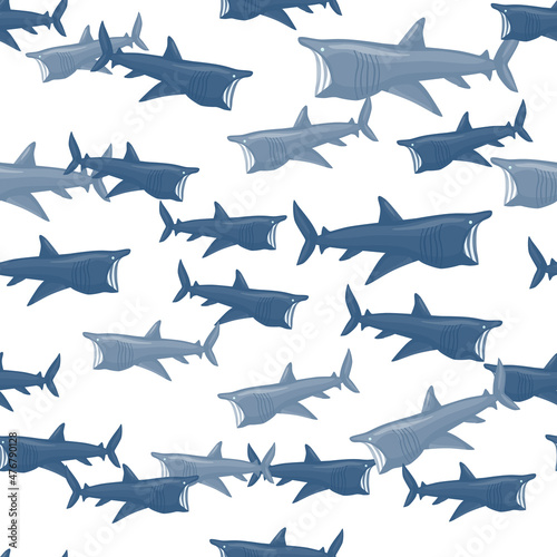 Basking shark seamless pattern in scandinavian style. Marine animals background. Vector illustration for children funny textile.