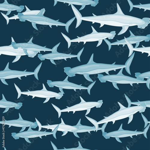 Hammerhead shark seamless pattern in scandinavian style. Marine animals background. Vector illustration for children funny textile.