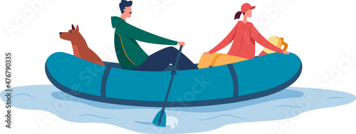 People floating on rubber boat, sea adventure. Vector boat inflatable, rowing and recreation illustraton