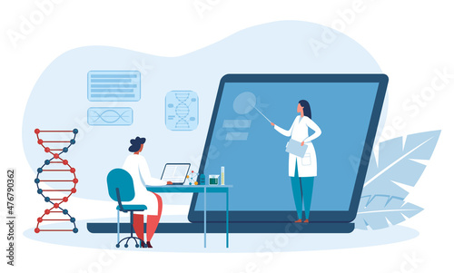 Doctors studying online, scientist student learning remotely. Vector doctor online, study scientist and education illustration