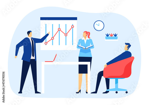 Business meeting with team man and woman, report chart. Illustration of business character management and communication vector