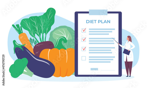 Diet healthy nutrition with fresh vegetables and foodstuff. Plan of nutrition diet, healthy food lifestyle, vector illustration