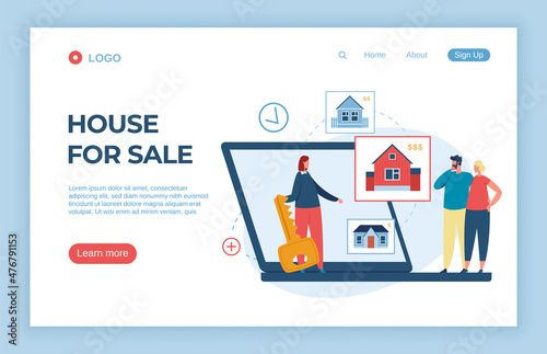 Couple choosing house for rent use laptop. Illustration of property house for rent and investment, couple finding house to sale vector