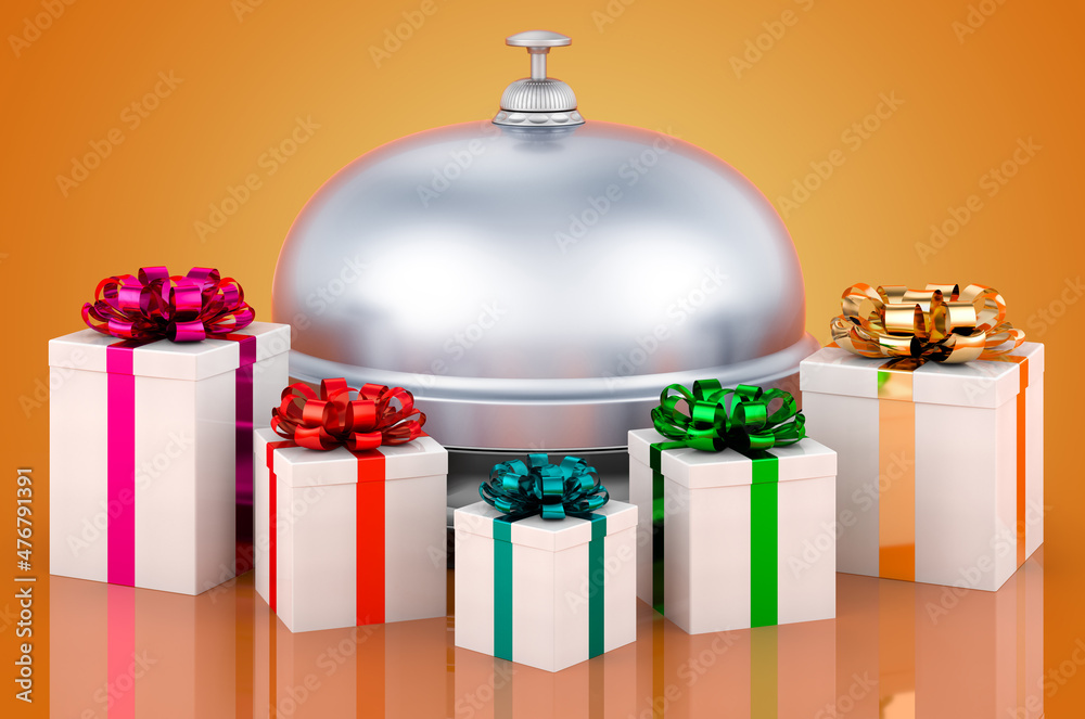 Reception bell with gifts, 3D rendering Reception bell with gifts, 3D rendering