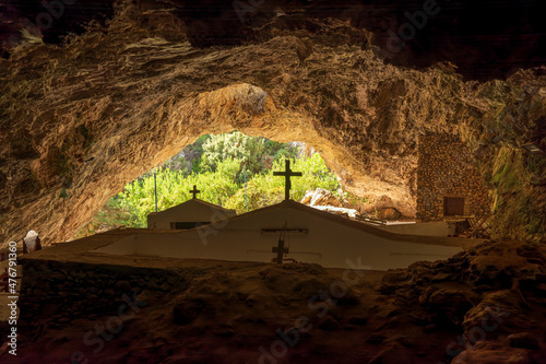 Agia Sofia chapel in the entrance of a cave in Kythira island photo