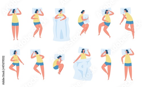 Woman sleeping poses, character lying in bed in various sleep positions. Tired girl sleep under blanket, resting head on pillow vector set. Female character in nightwear relaxing at bedtime