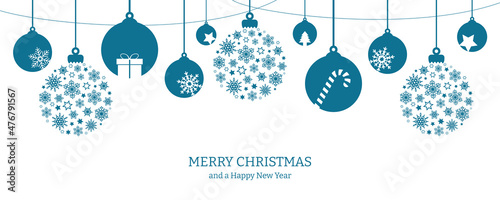 white christmas card decorated with blue christmas paraphernalia
