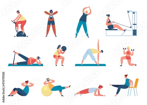 Women exercise with sports equipment, working out at home or gym. Female characters doing squats, practicing yoga, fitness training vector set. Girls doing pilates, lifting weight in sportswear