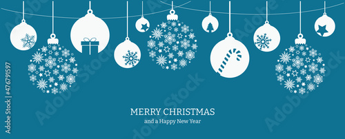 blue christmas card decorated with white christmas paraphernalia