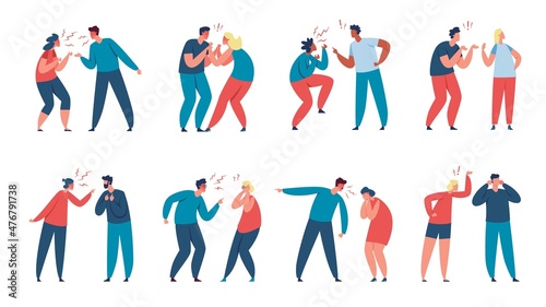 Couple quarrel, family conflict, angry men and women arguing. Couples fighting, characters yell at each other, relationship problems vector set. Husband and wife having furious behavior