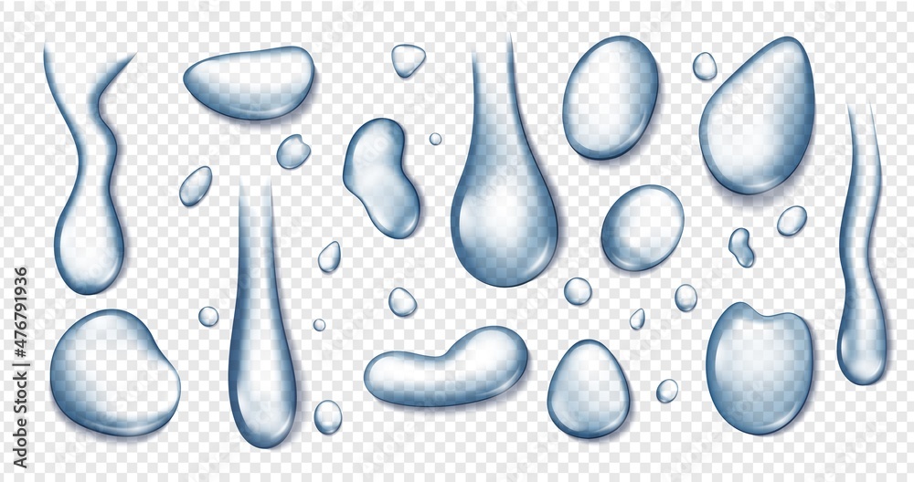 Realistic transparent water drops, clear liquid droplets, raindrops. Condensation on window or glass, rain droplet, tears vector set. Flowing refreshing blue blobs, wet surface with splashes